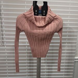 Ribbed Cowl Neck Sweater - Dusty Pink.